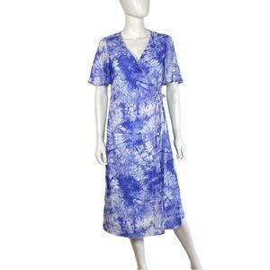 JustFab Side Tie Blue-Multi Tea Length Wrap Dress